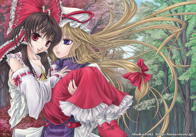 hakurei reimu and yakumo yukari (touhou) drawn by yuki_shuuka