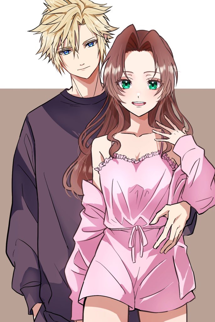 cloud strife and aerith gainsborough (final fantasy and 2 more) drawn by 26caaan