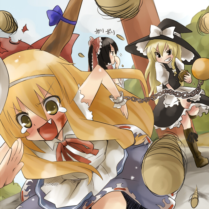 hakurei reimu, kirisame marisa, and ibuki suika (touhou) drawn by kiji_(manekinuko-tei)