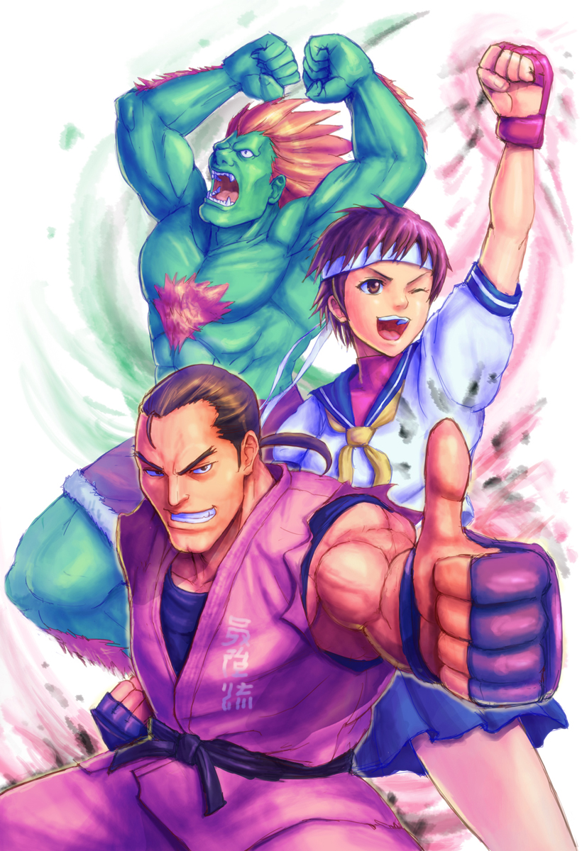 kasugano sakura, blanka, and hibiki dan (street fighter and 1 more) drawn by masa_tarou