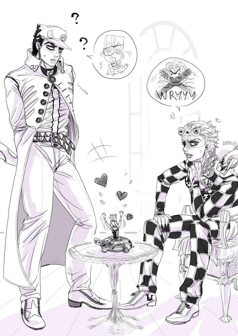 kujo jotaro, dio brando, giorno giovanna, jean pierre polnareff, and coco jumbo (jojo no kimyou na bouken and 2 more) drawn by nanatsudogychou