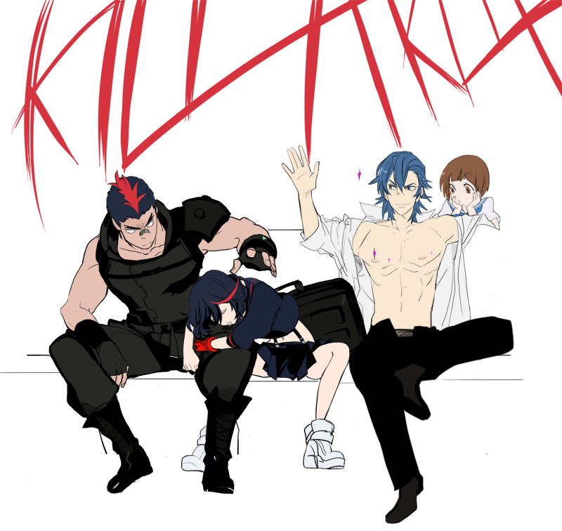 matoi ryuuko, senketsu, mankanshoku mako, mikisugi aikurou, and kinagase tsumugu (kill la kill) drawn by fheksxpsla