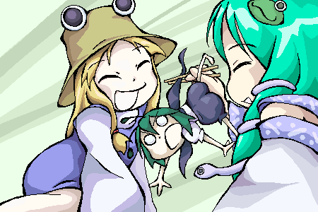 kochiya sanae, moriya suwako, wriggle nightbug, and pyonta (touhou) drawn by pon_(kinoko)
