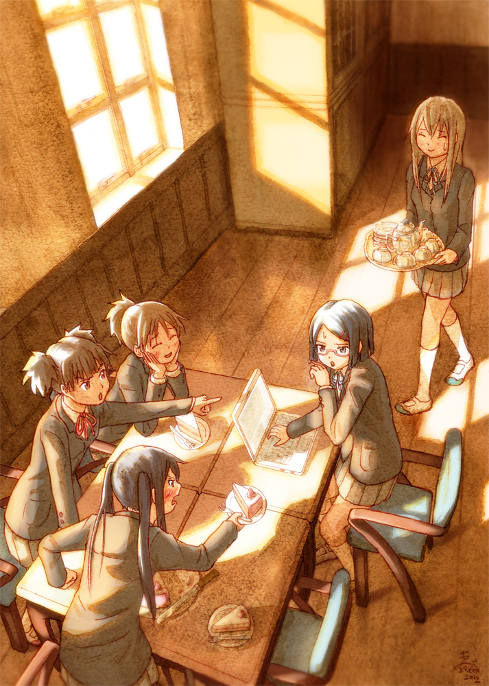 nakano azusa, hirasawa ui, suzuki jun, saitou sumire, and okuda nao (k-on! and 1 more) drawn by hashiribe_akira