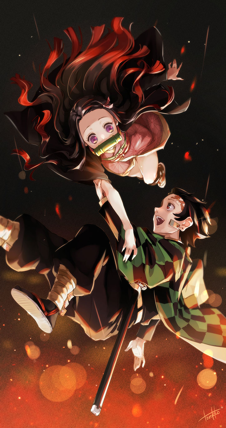 kamado nezuko and kamado tanjirou (kimetsu no yaiba) drawn by torokko