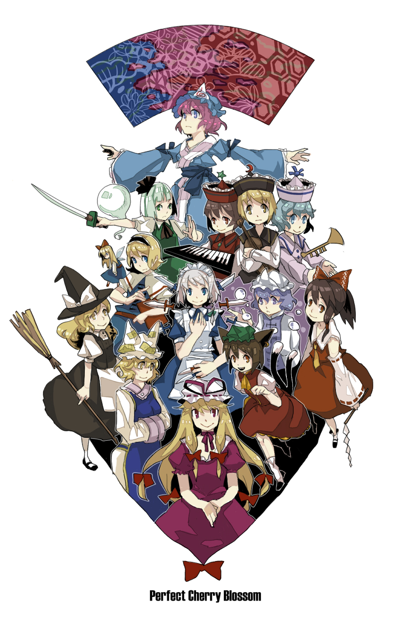 hakurei reimu, kirisame marisa, izayoi sakuya, konpaku youmu, alice margatroid, and 9 more (touhou and 1 more) drawn by clea_(geee13)