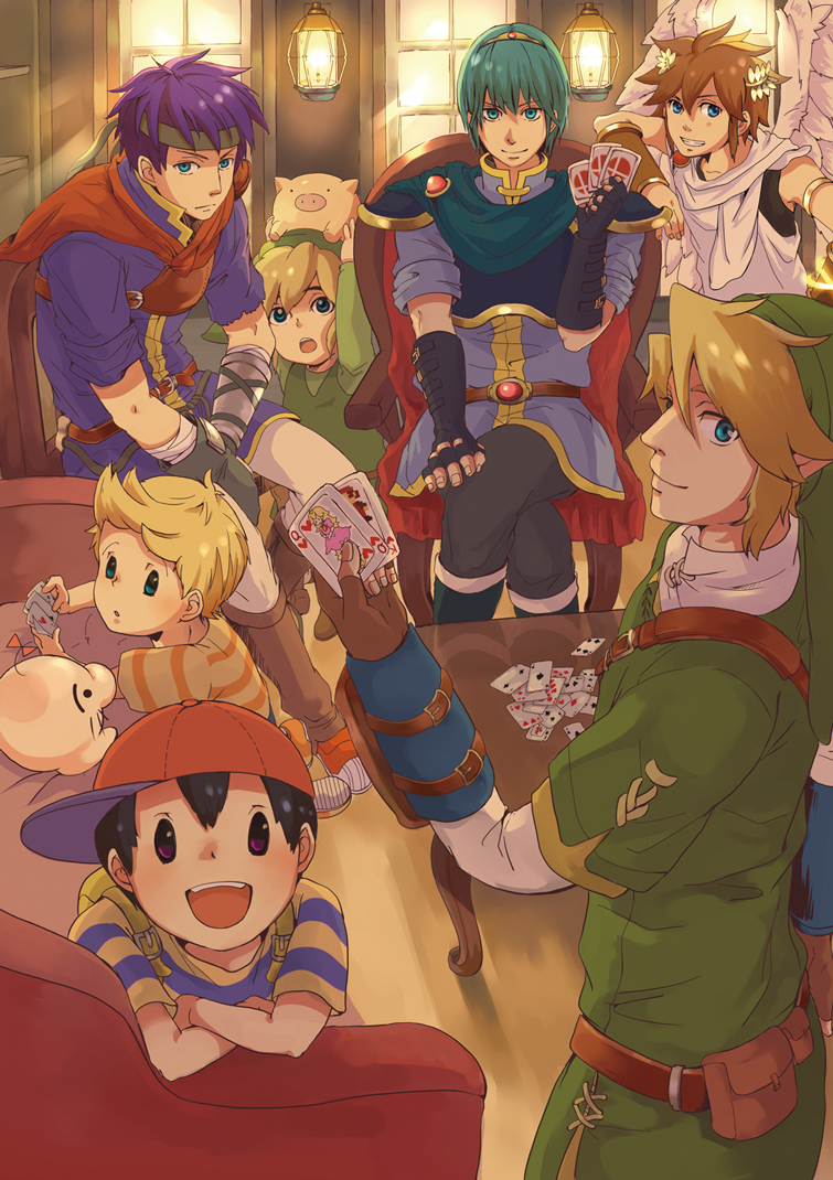 link, princess peach, mario, ike, pit, and 5 more (fire emblem and 9 more) drawn by nikayu