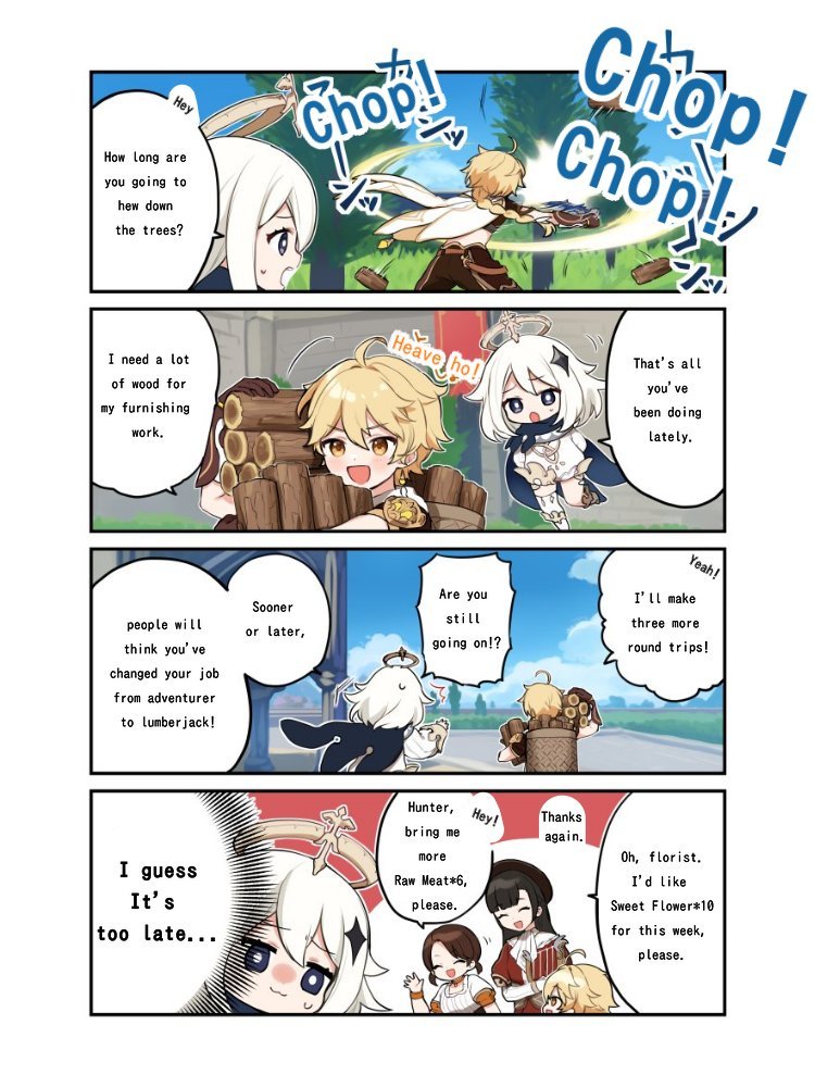 aether, paimon, troubled lianne, and brook (genshin impact) drawn by yamabukiiro