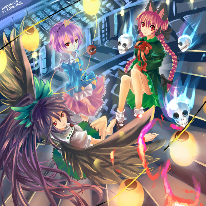 komeiji satori, kaenbyou rin, and reiuji utsuho (touhou) drawn by hikariz