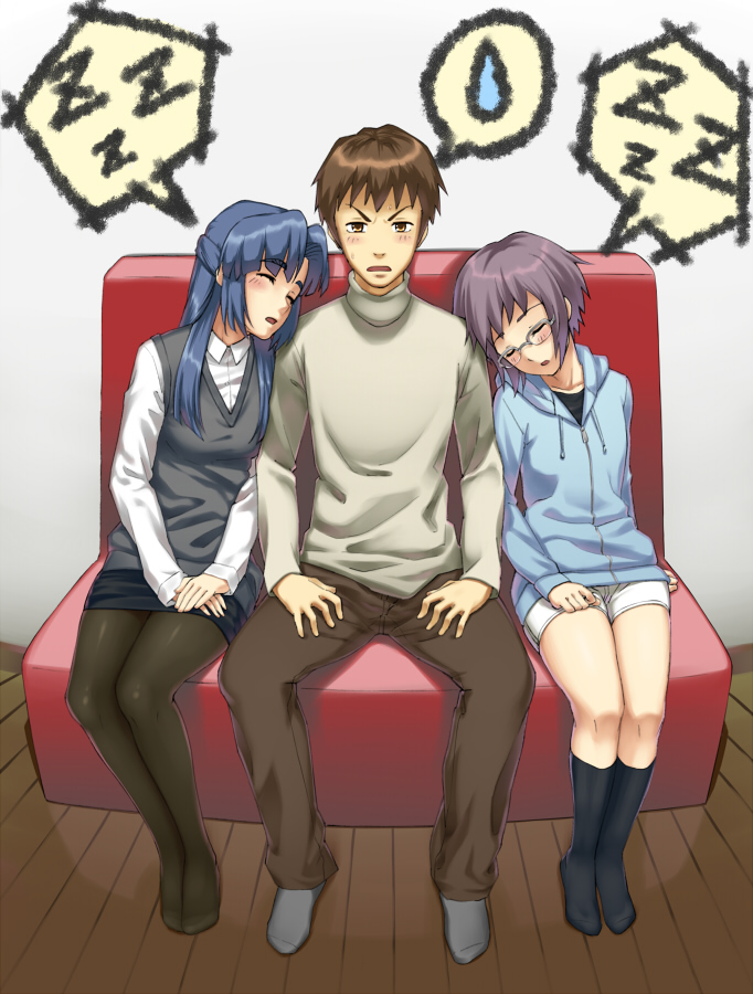 nagato yuki, kyon, and asakura ryoko (suzumiya haruhi no yuuutsu and 1 more) drawn by gonoike_biwa