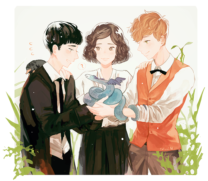 newt scamander, niffler, bowtruckle, credence barebone, occamy, and 1 more (wizarding world and 1 more) drawn by tofuvi