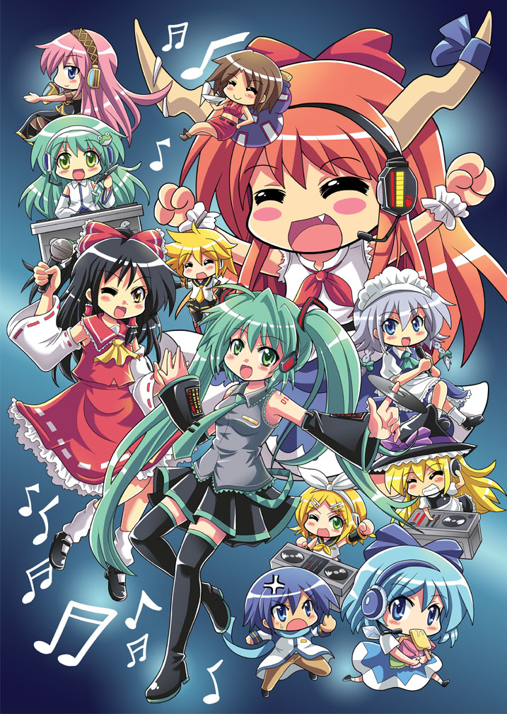 hatsune miku, hakurei reimu, kirisame marisa, izayoi sakuya, kochiya sanae, and 7 more (touhou and 1 more) drawn by colonel_aki