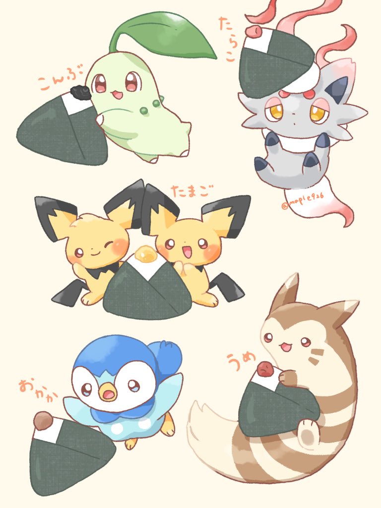 piplup, chikorita, pichu, furret, hisuian zorua, and 1 more (pokemon) drawn by kana_(maple926)