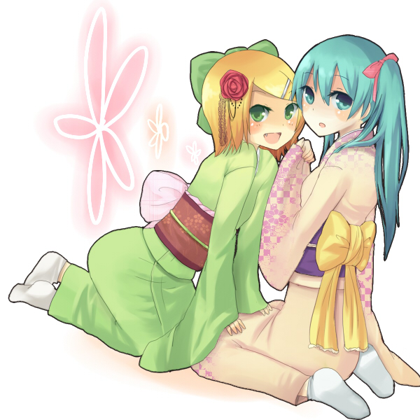 hatsune miku and kagamine rin (vocaloid) drawn by wadaka