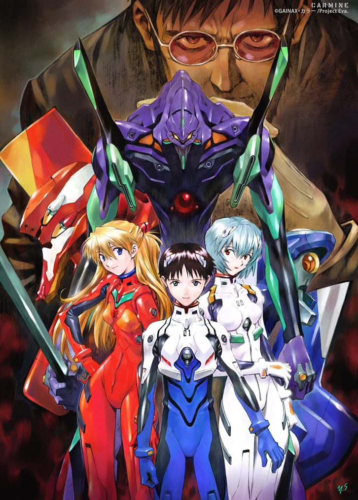 souryuu asuka langley, ayanami rei, ikari shinji, eva 02, eva 01, and 2 more (neon genesis evangelion) drawn by sadamoto_yoshiyuki