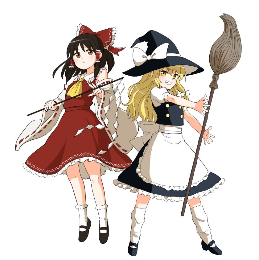 hakurei reimu and kirisame marisa (touhou) drawn by abekawa