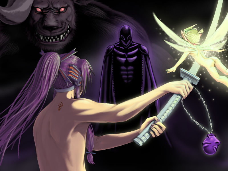 kagamine len, kamui gakupo, griffith, femto, puck, and 1 more (vocaloid and 1 more) drawn by zugan_(berugkamp)