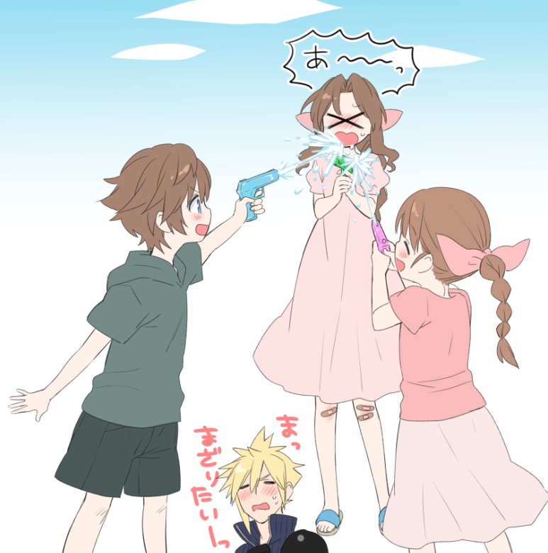 cloud strife, aerith gainsborough, marlene wallace, and denzel (final fantasy and 2 more) drawn by krudears