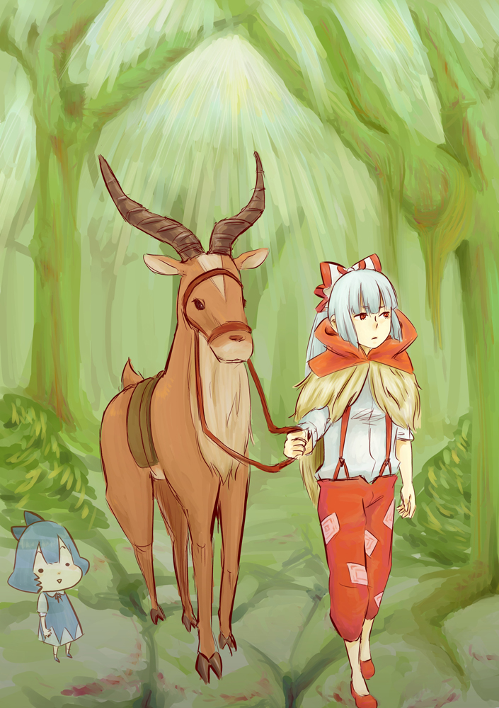 cirno, fujiwara no mokou, kodama, and yakul (touhou and 1 more) drawn by hikimaru