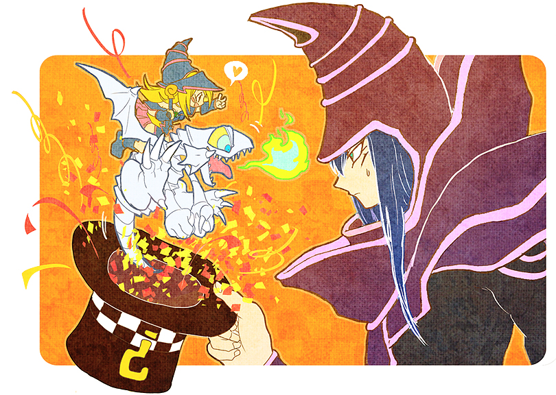 dark magician girl, dark magician, blue-eyes white dragon, magical hats, blue-eyes toon dragon, and 1 more (yu-gi-oh!) drawn by yuza