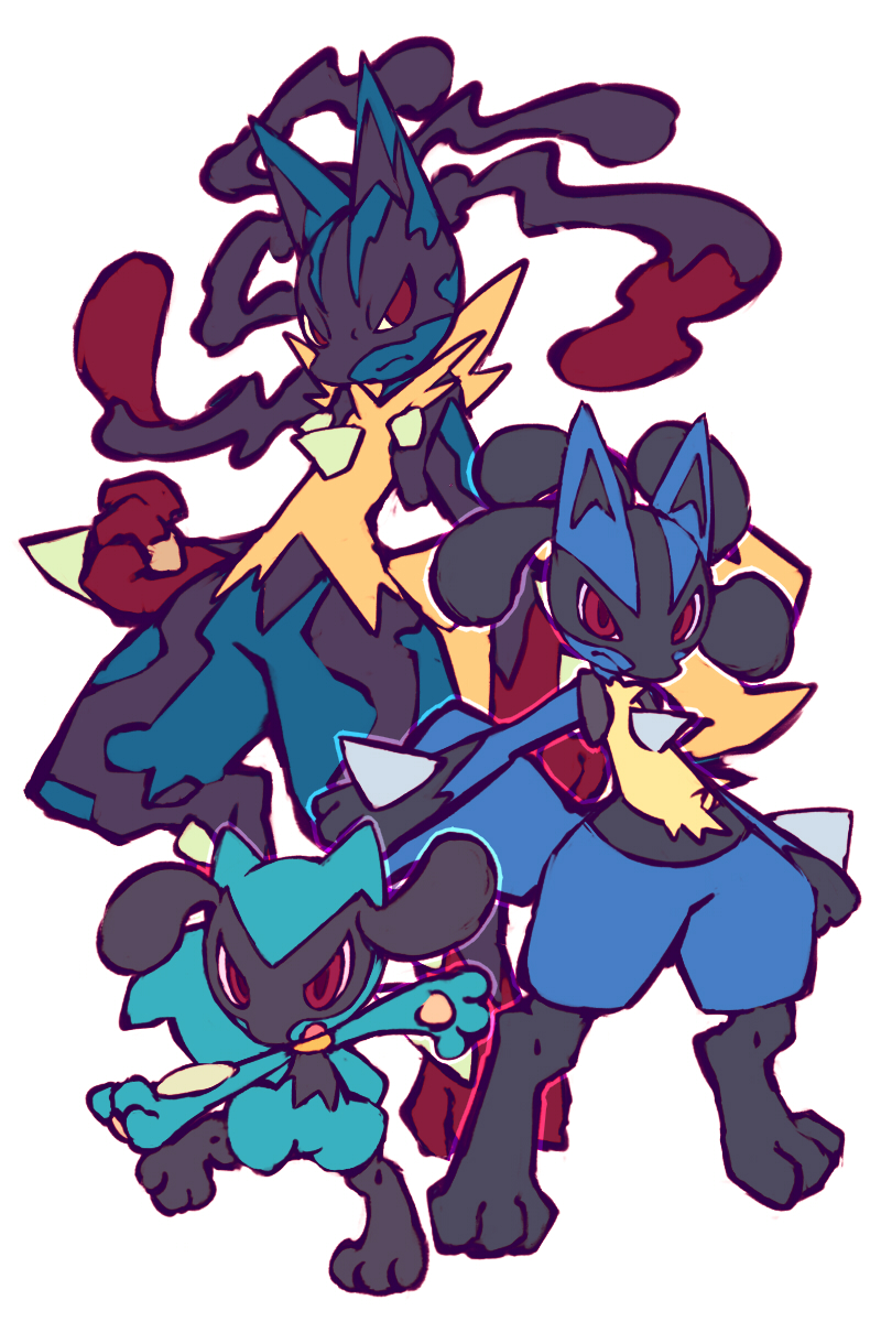 lucario, riolu, and mega lucario (pokemon) drawn by iikoao