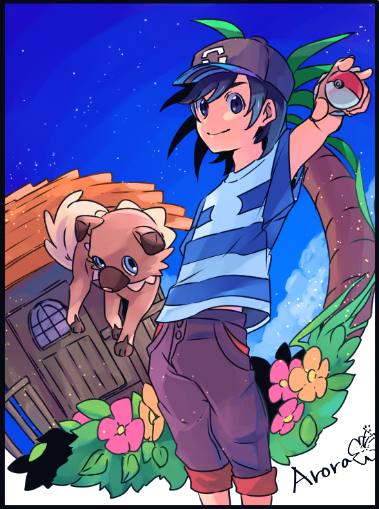 elio and rockruff (pokemon and 1 more) drawn by motu0505
