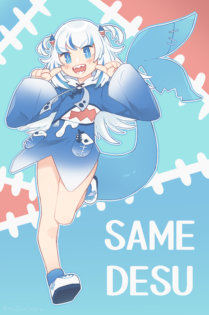 gawr gura (hololive and 1 more) drawn by amai_umimaru_(artist)