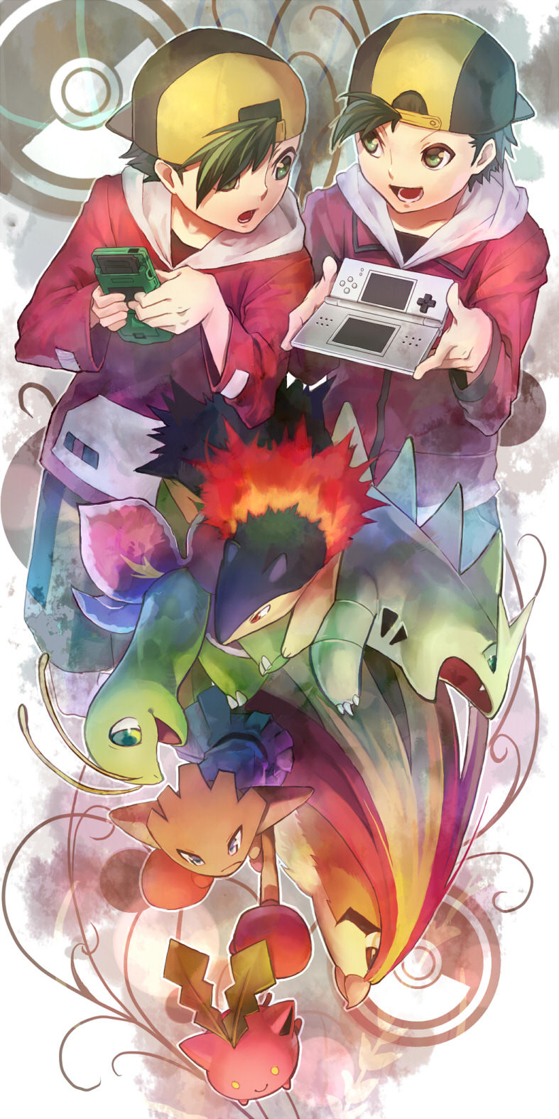 ethan, hoppip, tyranitar, pidgeot, meganium, and 1 more (pokemon and 2 more) drawn by aruk
