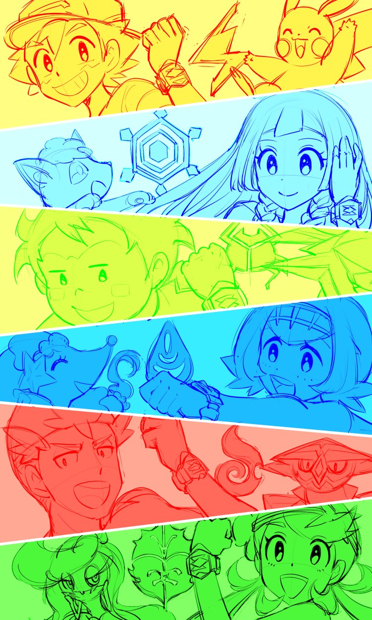 pikachu, lillie, ash ketchum, lana, mallow, and 7 more (pokemon and 1 more) drawn by djmn_c
