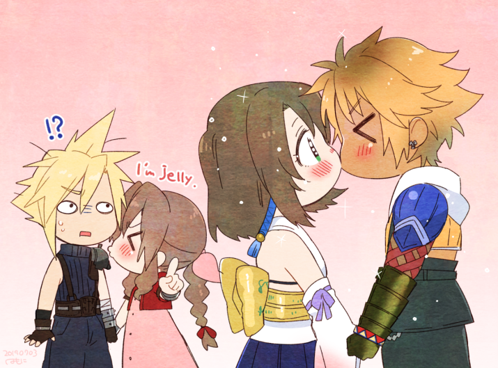 cloud strife, aerith gainsborough, yuna, and tidus (final fantasy and 2 more) drawn by krudears