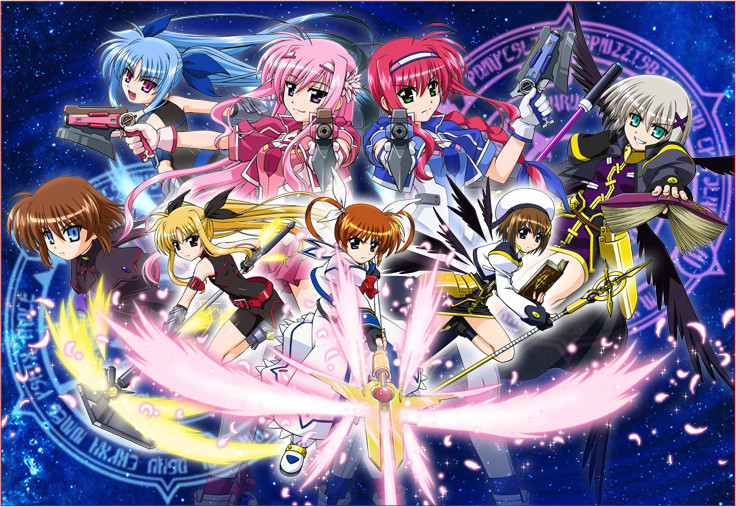 fate testarossa, takamachi nanoha, yagami hayate, raising heart, schwertkreuz, and 9 more (lyrical nanoha and 4 more) drawn by shinozaki_akira