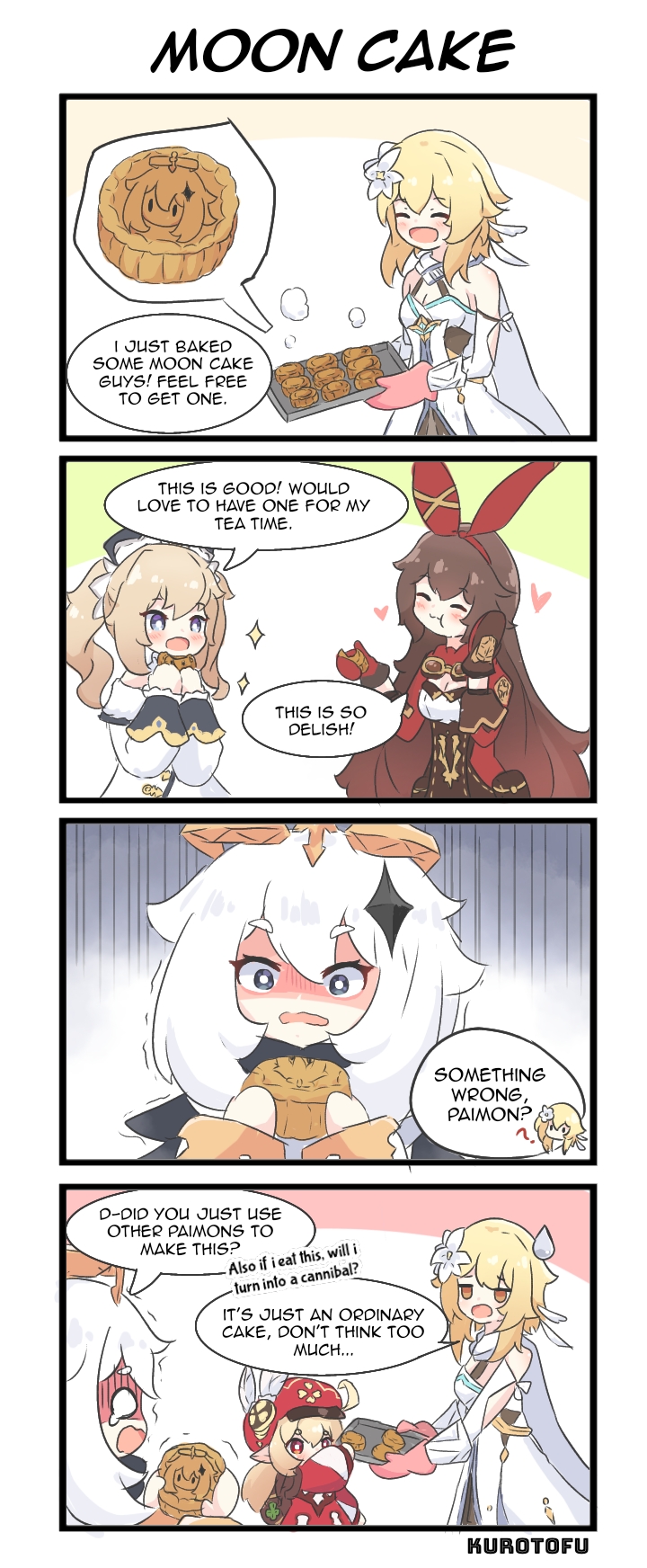 lumine, paimon, klee, barbara, and amber (genshin impact) drawn by kurotofu