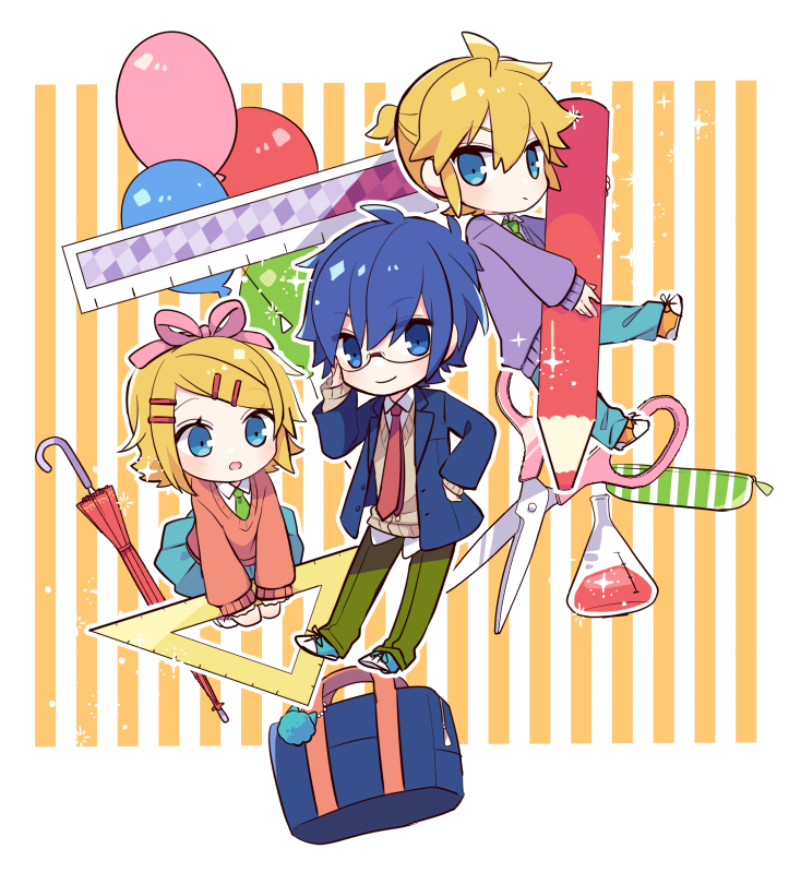 kagamine rin, kagamine len, and kaito (vocaloid) drawn by yoshiki