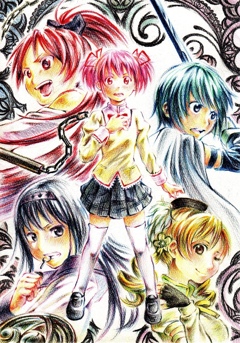 akemi homura, kaname madoka, miki sayaka, sakura kyoko, and tomoe mami (mahou shoujo madoka magica) drawn by tuskman