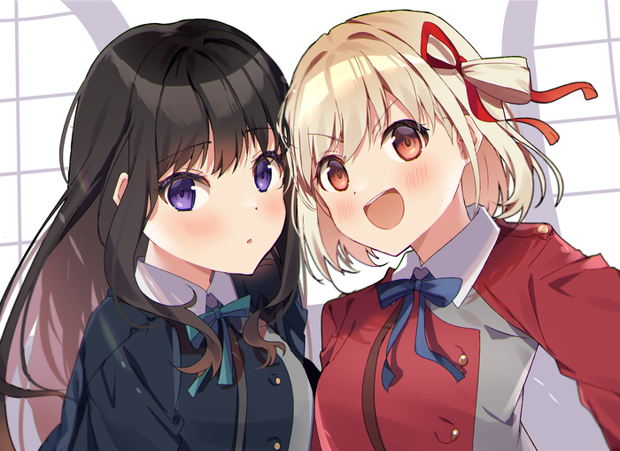 nishikigi chisato and inoue takina (lycoris recoil) drawn by omuretsu