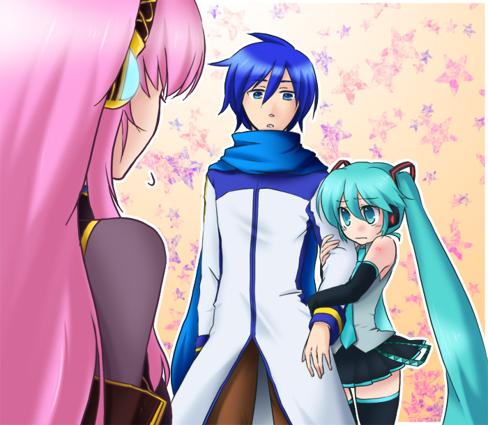 hatsune miku, megurine luka, and kaito (vocaloid) drawn by akatsuki_tomoya