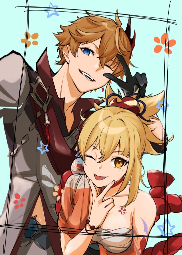tartaglia and yoimiya (genshin impact) drawn by mmss25