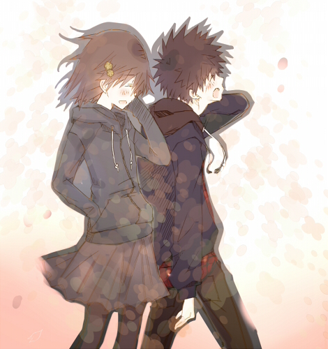 misaka mikoto and kamijou touma (toaru majutsu no index and 1 more) drawn by kanata_(mizubenisumutori)