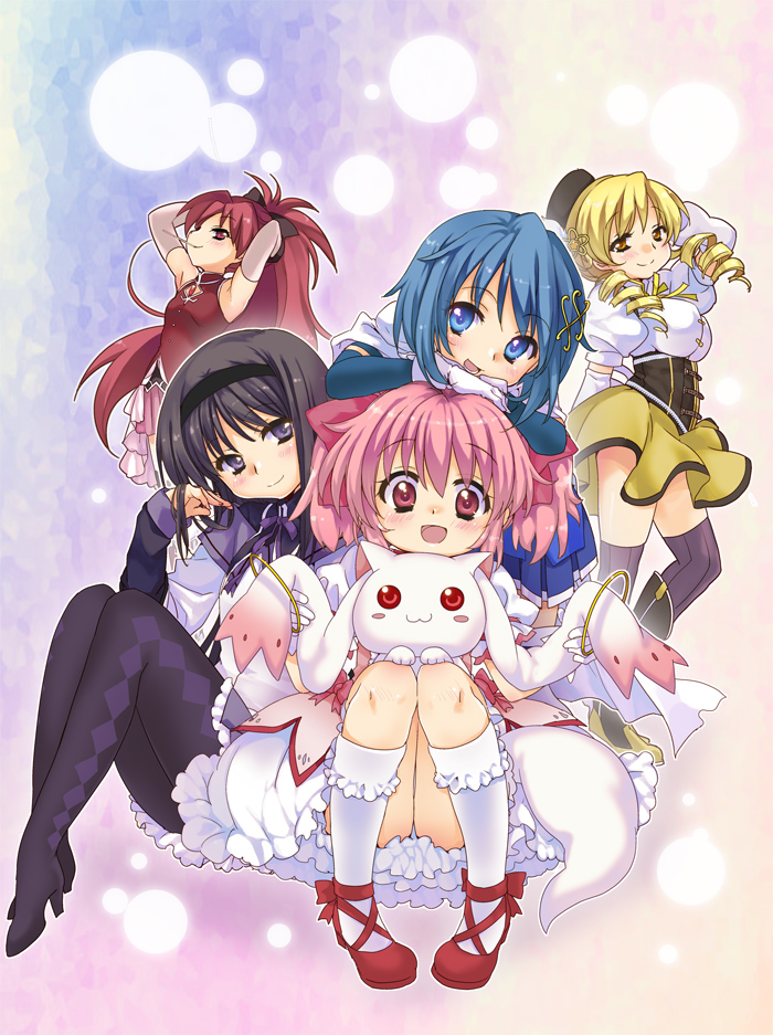 akemi homura, kaname madoka, miki sayaka, sakura kyoko, tomoe mami, and 1 more (mahou shoujo madoka magica) drawn by malino_(dream_maker)