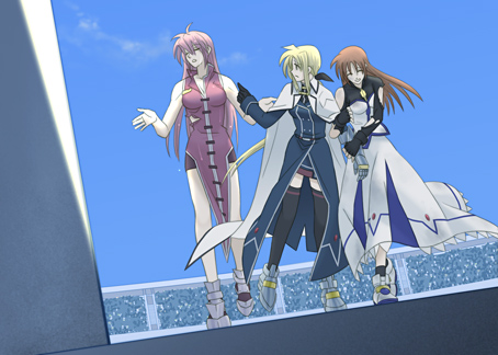fate testarossa, takamachi nanoha, and signum (lyrical nanoha and 1 more) drawn by 12quarters