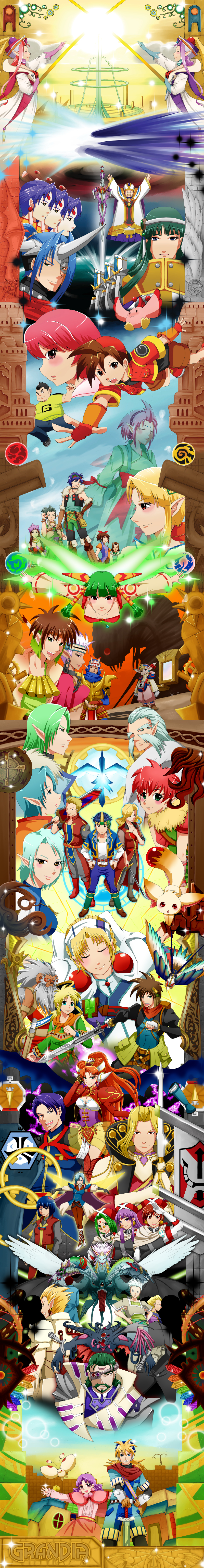feena, justin, sue, puui, millenia, and 29 more (grandia and 5 more) drawn by soudou_utsumi
