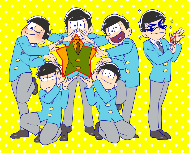 matsuno osomatsu, matsuno karamatsu, matsuno ichimatsu, matsuno jyushimatsu, matsuno choromatsu, and 1 more (osomatsu and 1 more) drawn by mpkxx