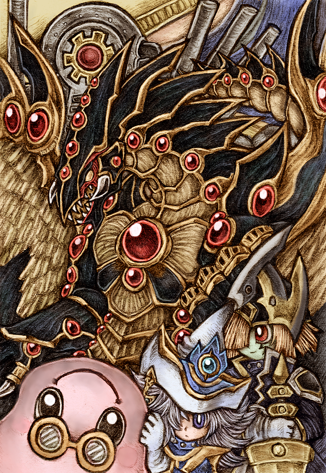 silent magician, silent swordsman, marshmallon, gandora the dragon of destruction, silent magician zero, and 4 more (yu-gi-oh!) drawn by mokyu-mokyu
