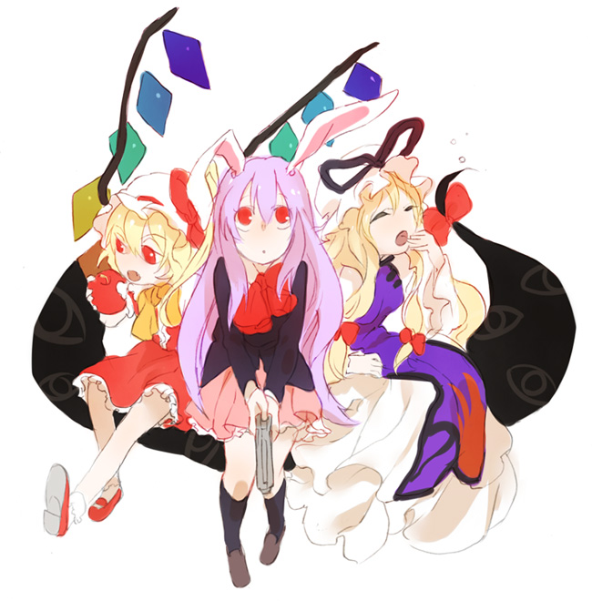 flandre scarlet, yakumo yukari, and reisen udongein inaba (touhou) drawn by kazune_(baumkuchen)