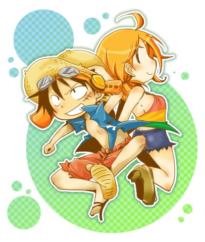 nami and monkey d. luffy (one piece and 1 more) drawn by sakana_(kuusou_puzzle)