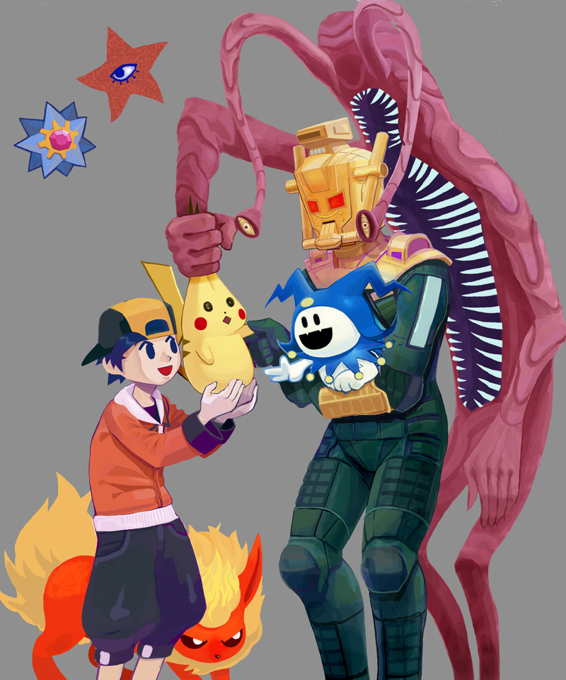 pikachu, ethan, flareon, jack frost, starmie, and 3 more (pokemon and 3 more) drawn by 27_degrees