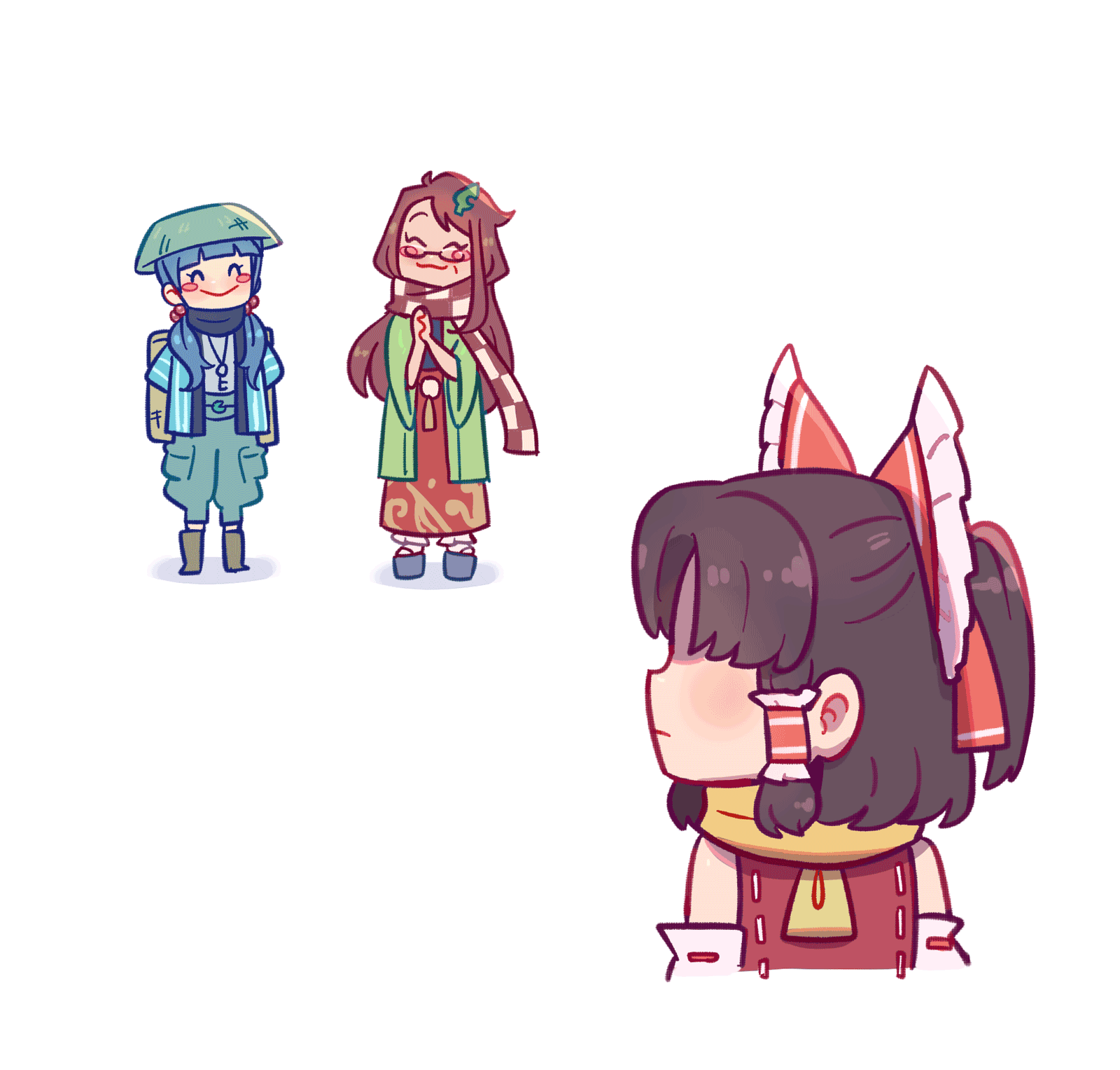 hakurei reimu, kawashiro nitori, and futatsuiwa mamizou (touhou) drawn by redinthesea