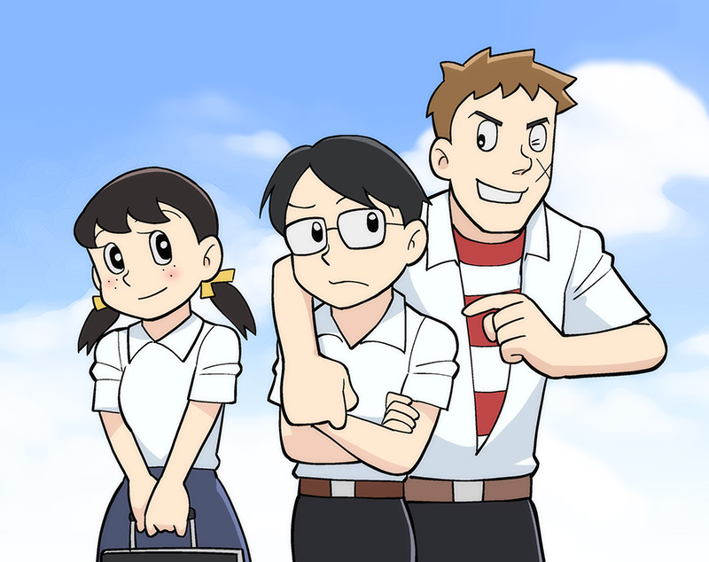 kawabuchi sentarou, nishimi kaoru, and mukae ritsuko (doraemon and 1 more) drawn by ueyama_michirou