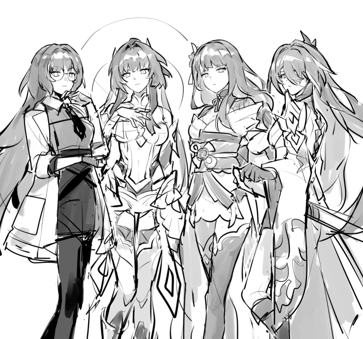 raiden shogun, acheron, raiden mei, sawashiro miyuki, and mei (genshin impact and 4 more) drawn by grape_(grapedraws)