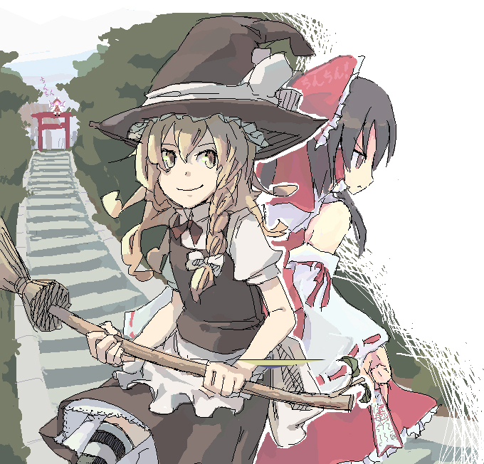 hakurei reimu, kirisame marisa, and mystia lorelei (touhou) drawn by itsutsu and nanazaki